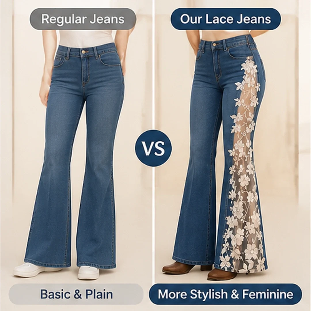 Visual comparison of plain denim jeans and denim jeans with floral lace side panels