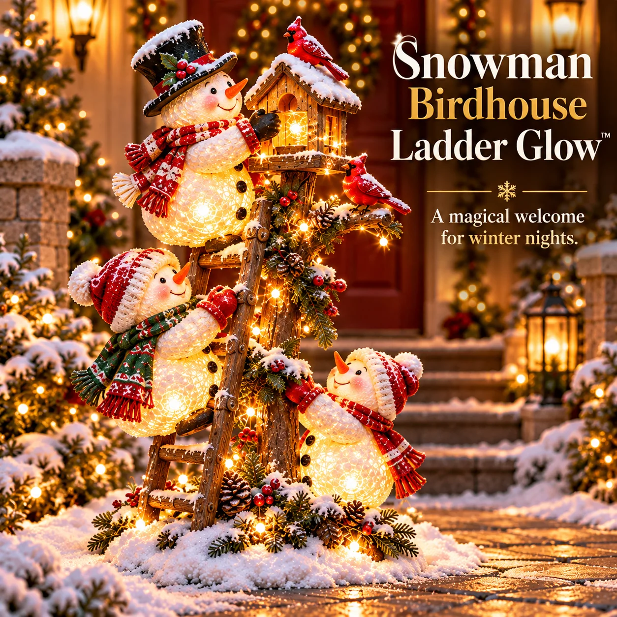 Snowman Birdhouse Ladder Glow Christmas porch decor