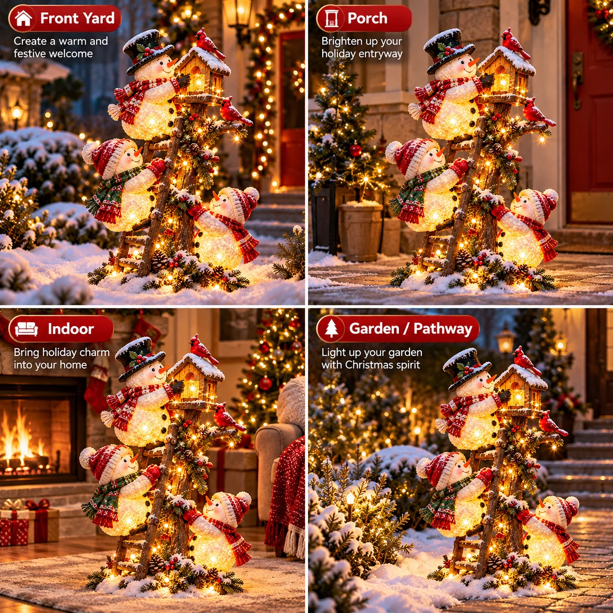 Snowman Birdhouse Ladder Glow multiple decorating scenes