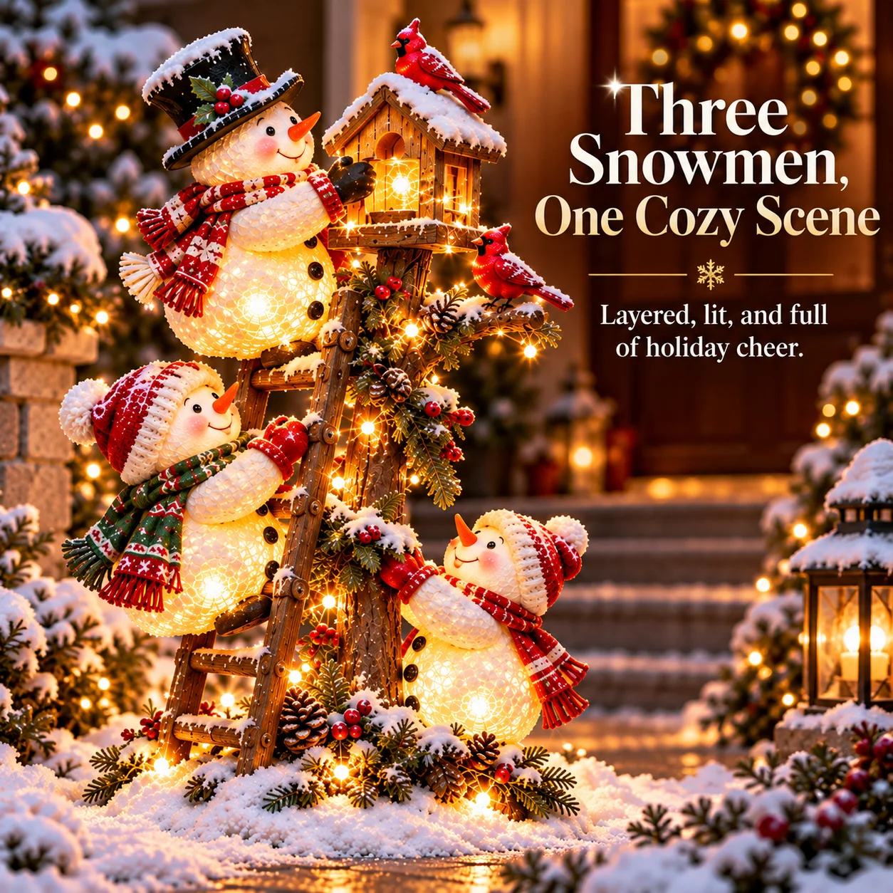 Three snowmen Christmas ladder scene