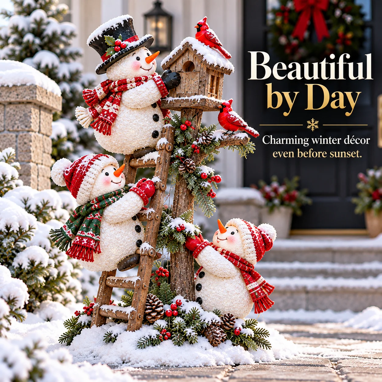 Snowman Birdhouse Ladder Glow daytime appearance