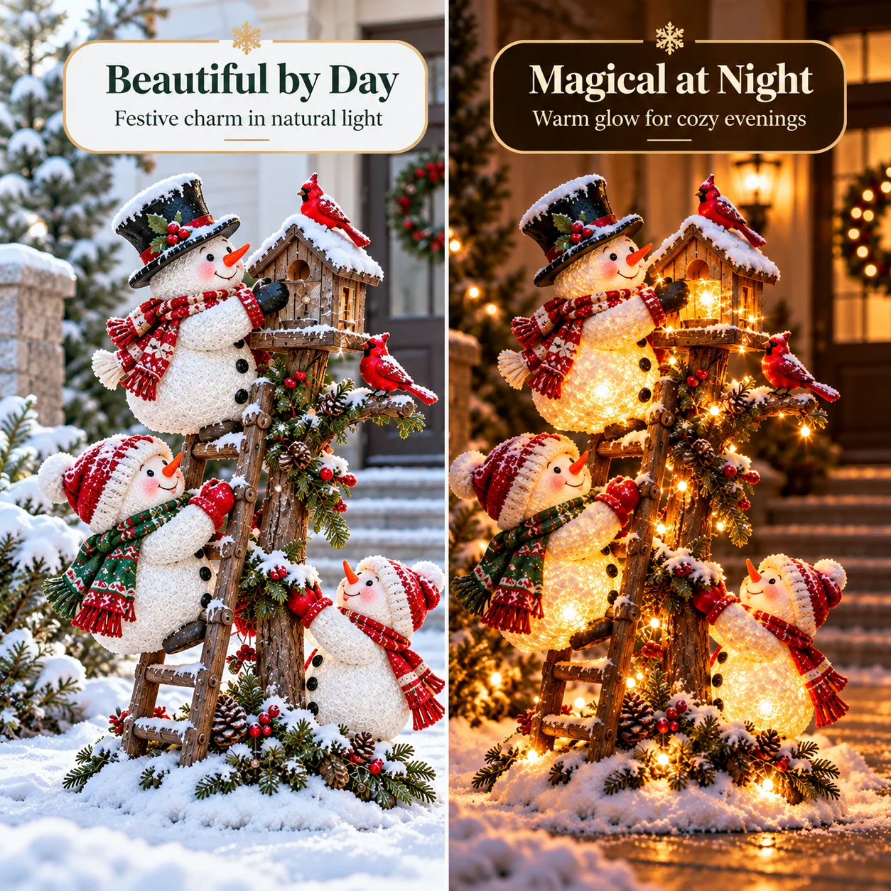 Snowman Birdhouse Ladder Glow day and night comparison