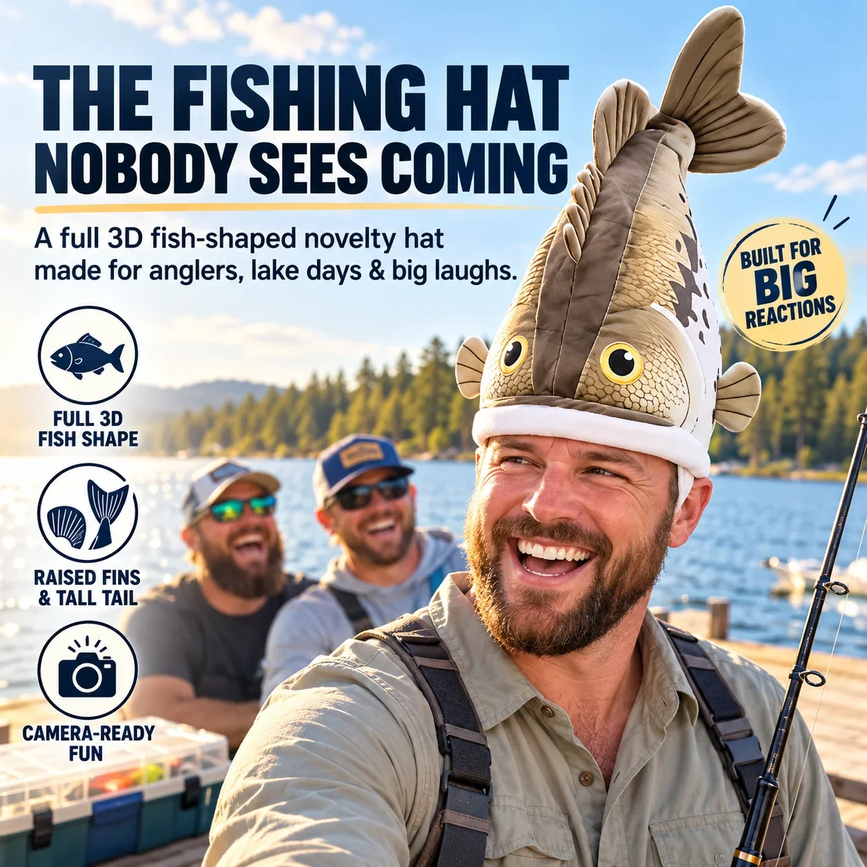 Oversized 3D fish novelty hat with raised fins and tail