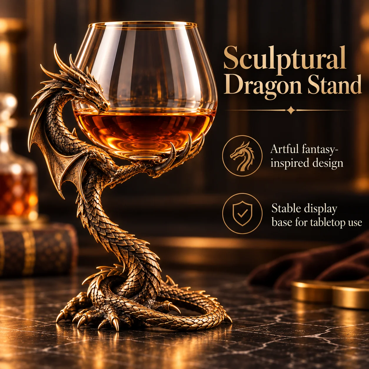 Dragon's Embrace sculptural brandy glass with dragon support stand