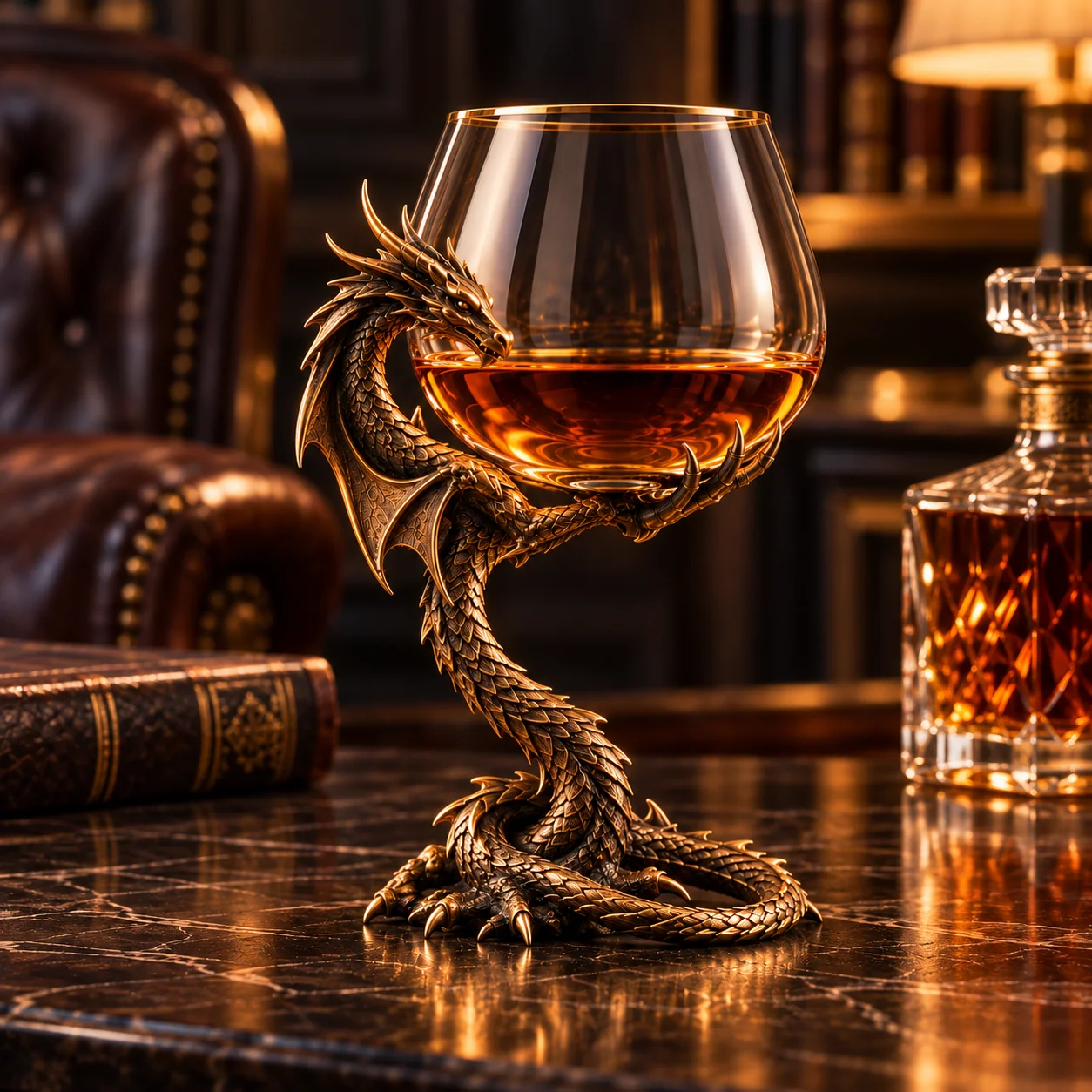 Dragon's Embrace brandy glass displayed in a home bar or study