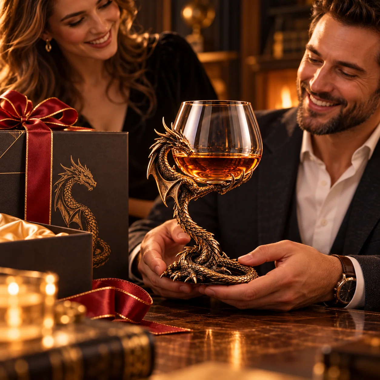 Dragon's Embrace sculptural brandy glass gift scene