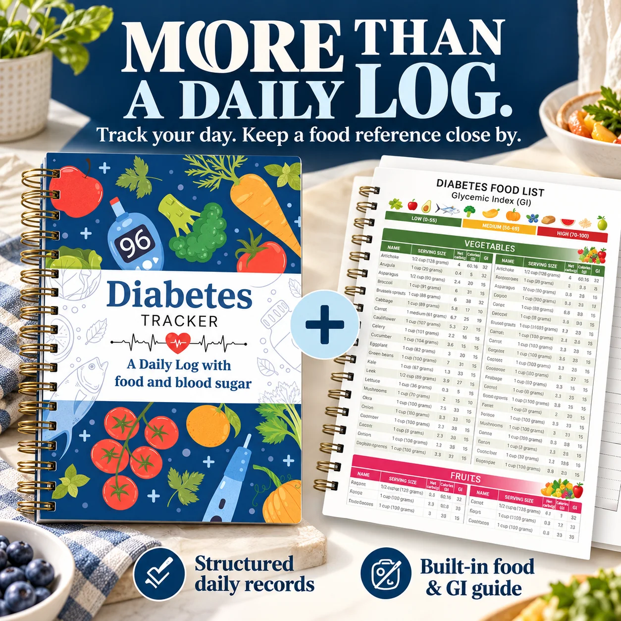 Diabetes Tracker cover and its built-in food and glycemic index reference pages