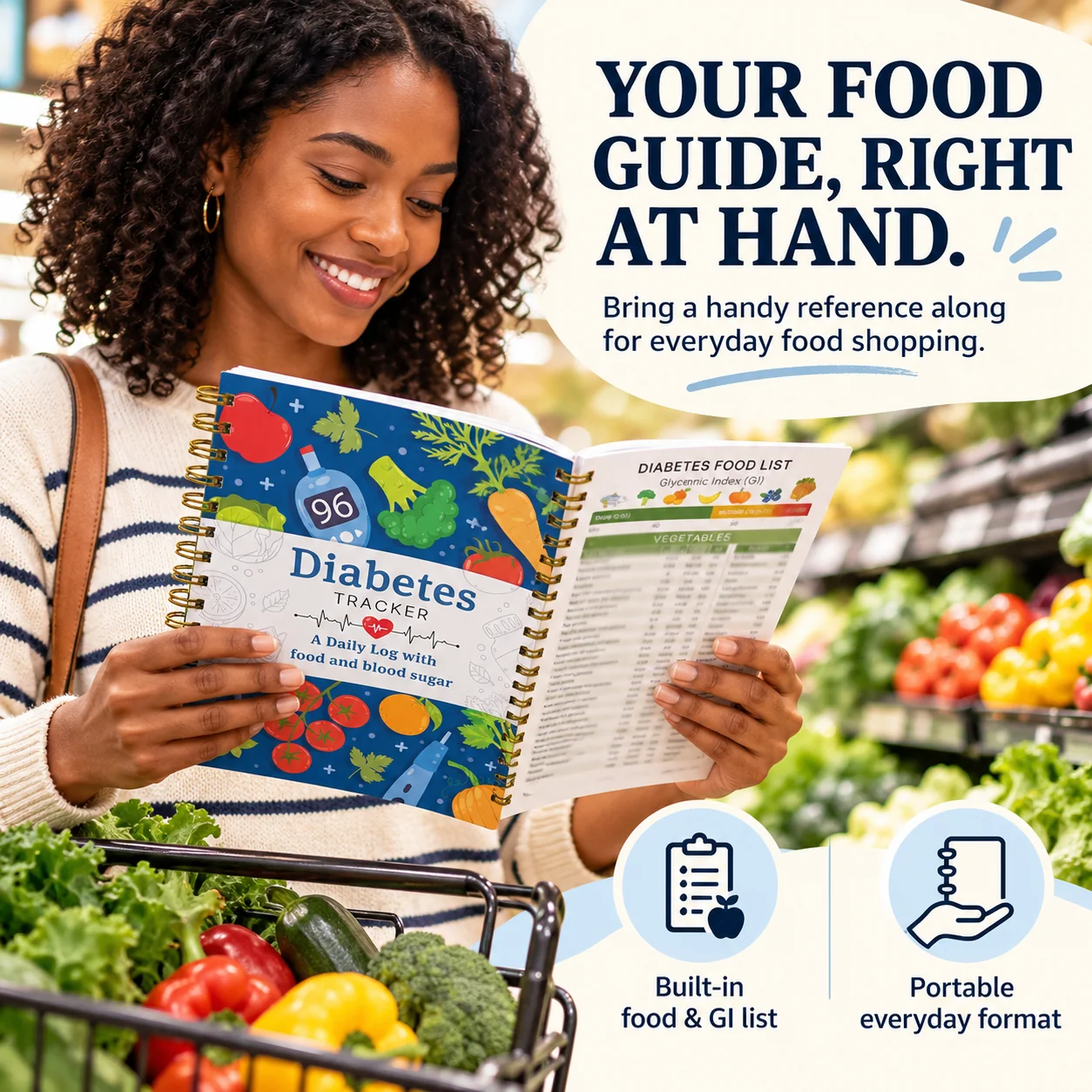 Woman consulting her food reference guide while shopping for groceries