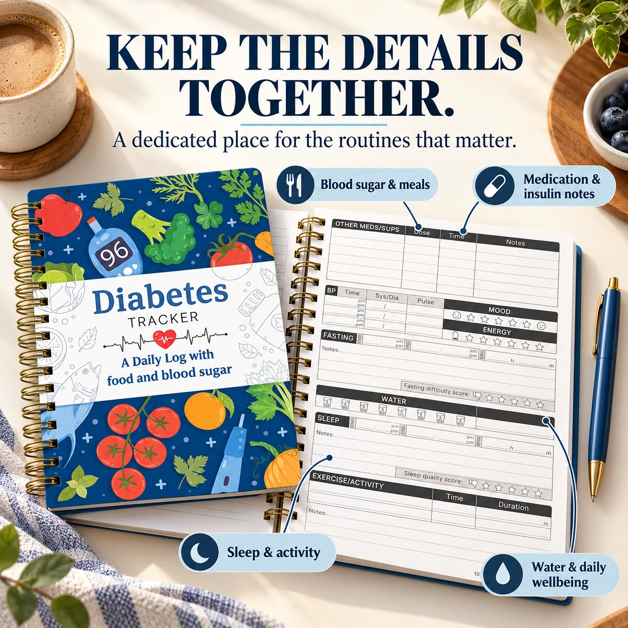 Daily journal sections for medication, wellbeing, hydration, sleep and activity