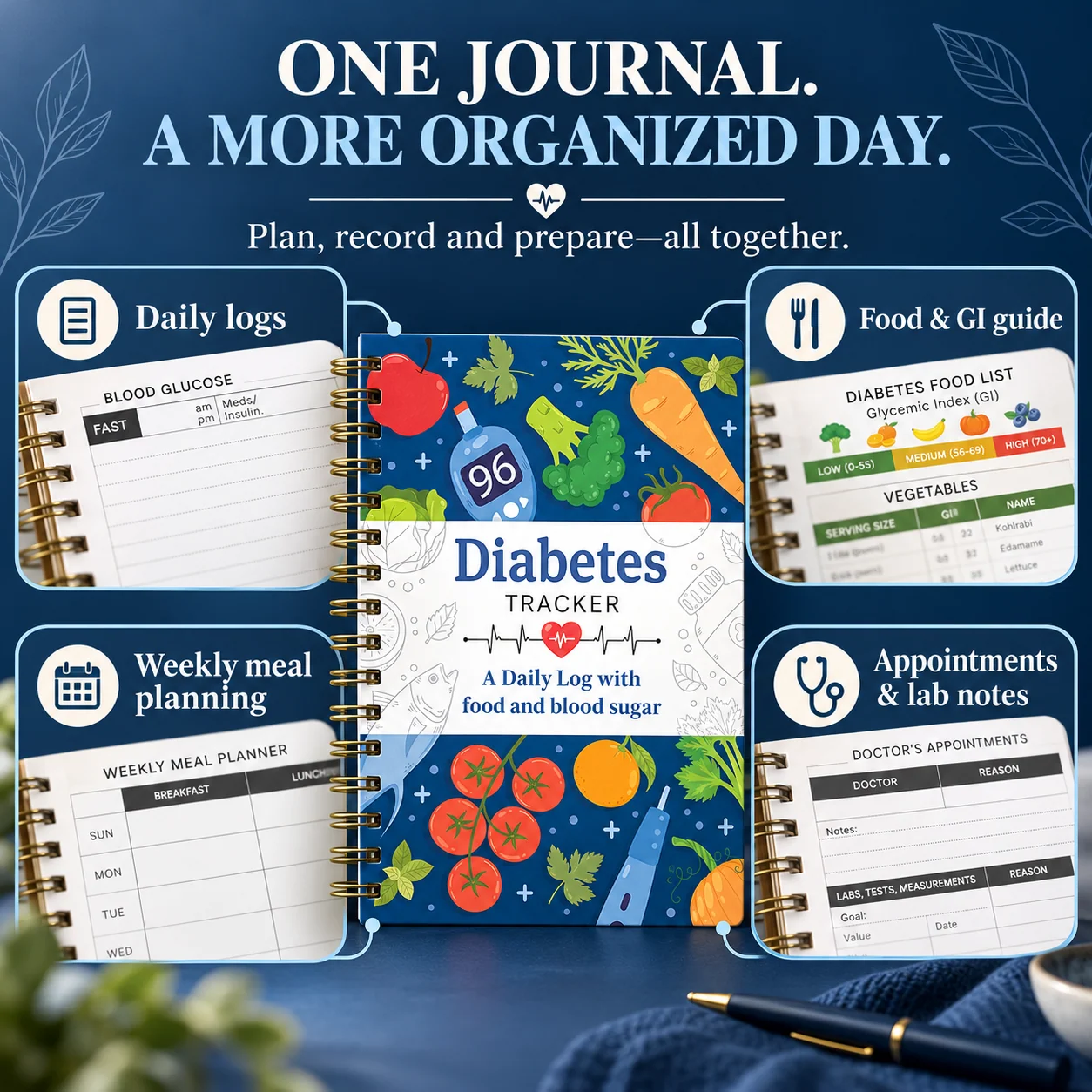 Overview of the journal's daily logs, food guide, weekly planner and appointment sections