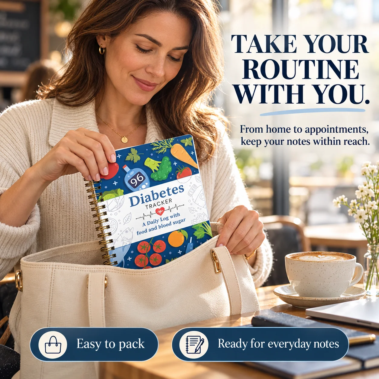 Woman placing the blue Diabetes Tracker into her tote bag at a cafe