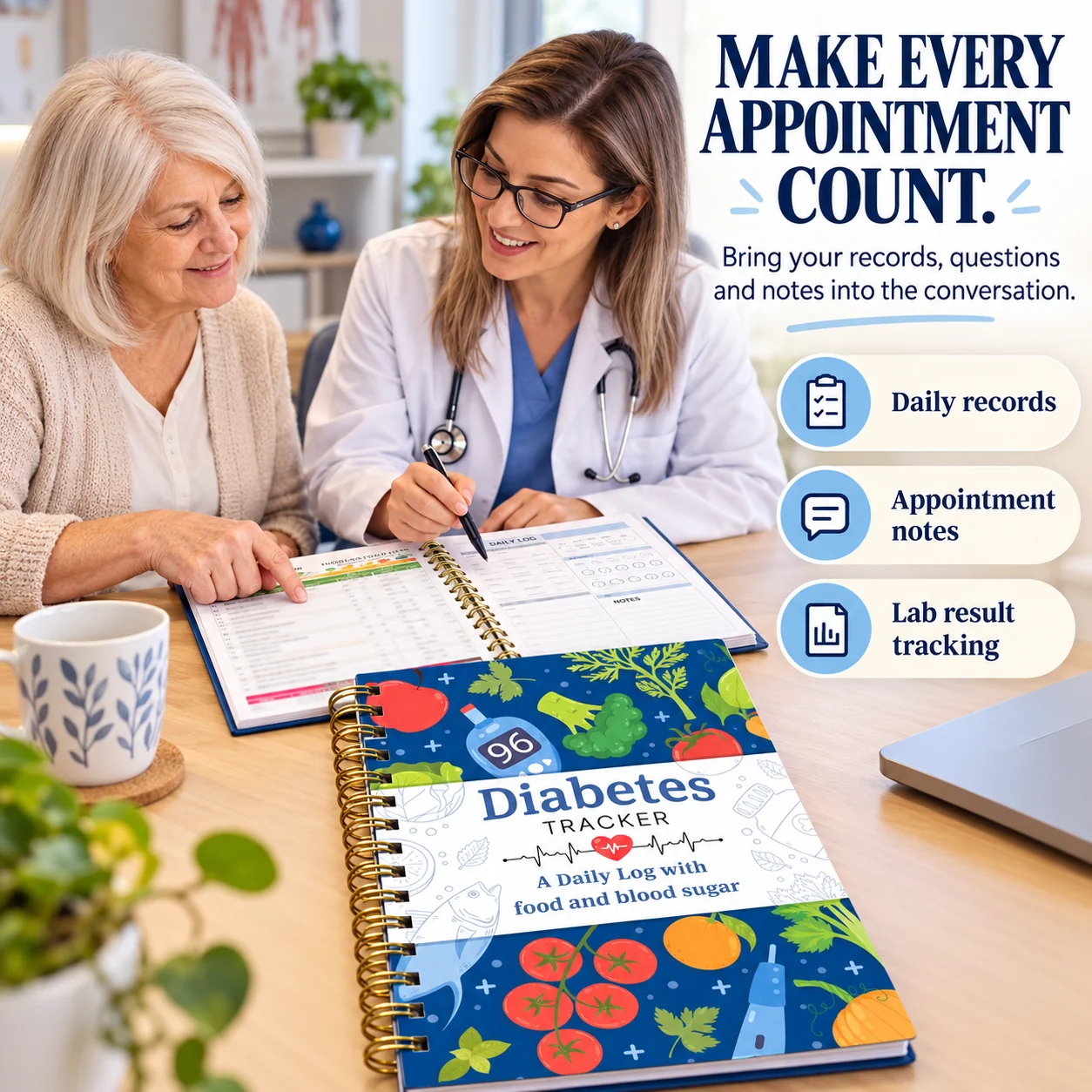 A woman reviewing her tracking journal during a healthcare appointment