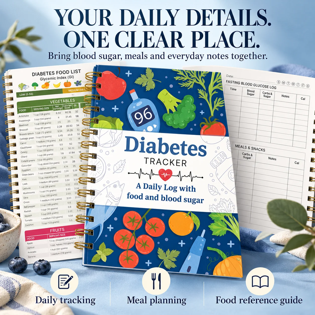 Blue Diabetes Tracker book with daily logging pages and built-in food reference guide