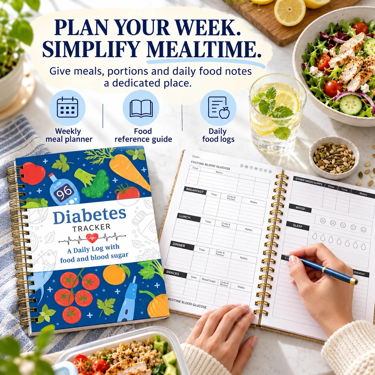 Diabetes tracking journal used beside a prepared meal at home