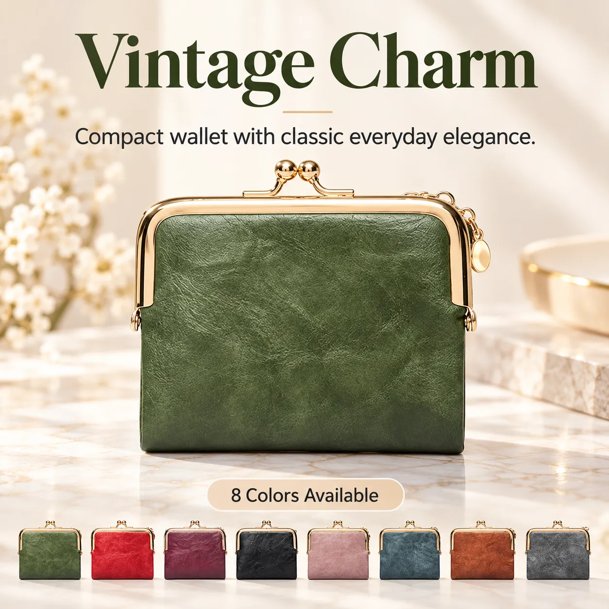 Vintage green kiss-lock compact wallet featuring gold-tone hardware and eight available colors