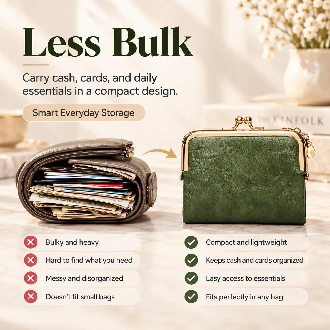 Comparison between a bulky wallet and a compact green vintage kiss-lock wallet