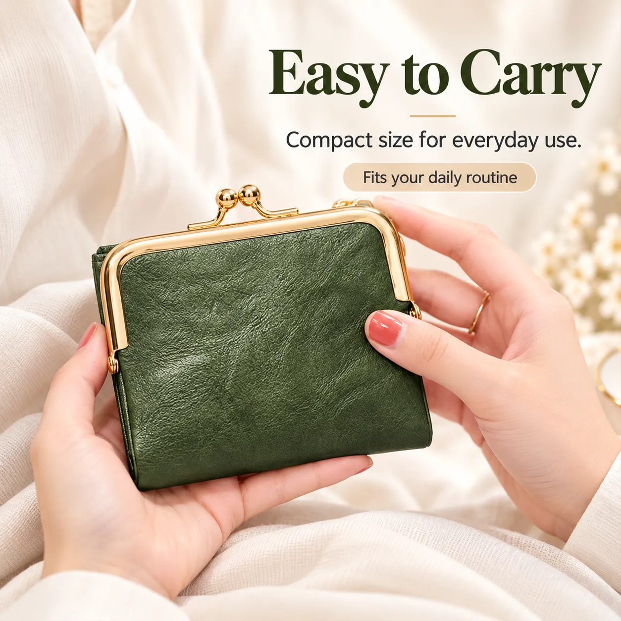 Compact green vintage wallet comfortably held in two hands