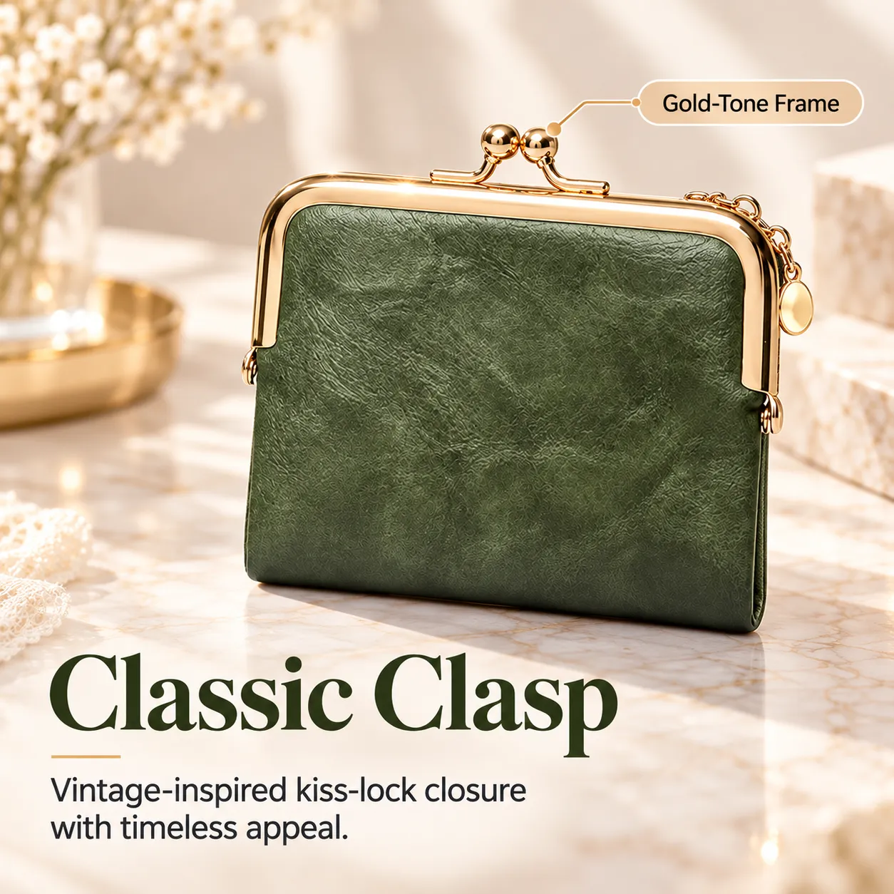 Gold-tone kiss-lock clasp and vintage green wallet frame detail