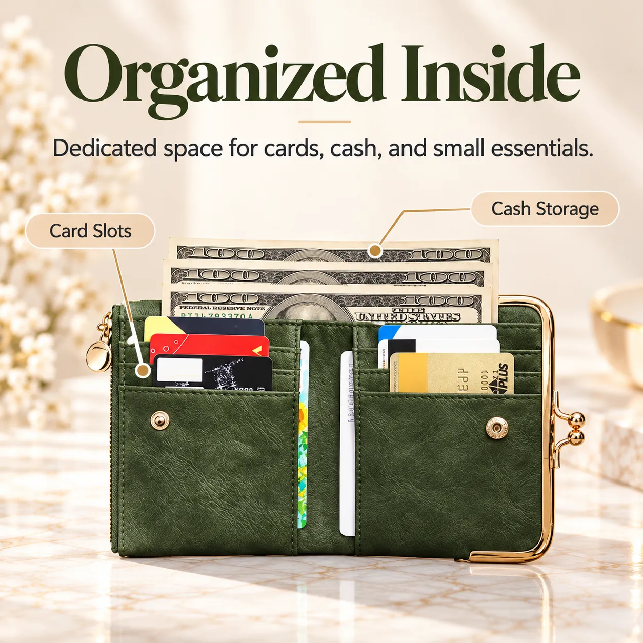 Open green wallet showing multiple card slots, cash storage, and organizational compartments