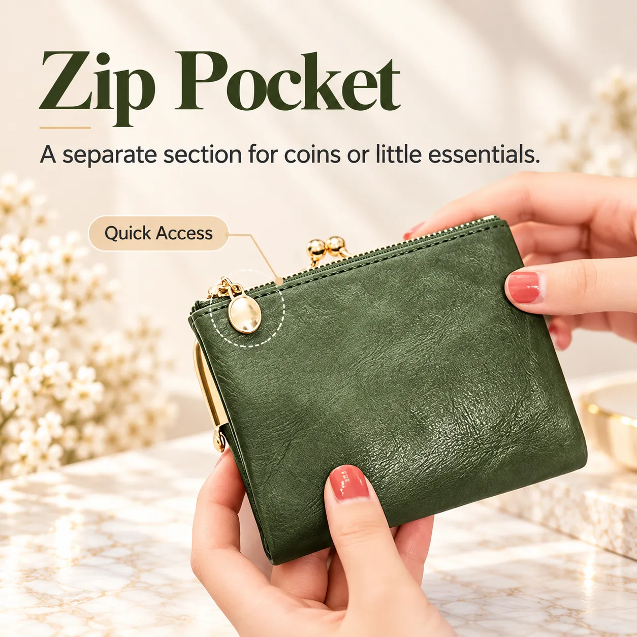 Back zippered pocket and gold-tone zipper pull on green compact wallet