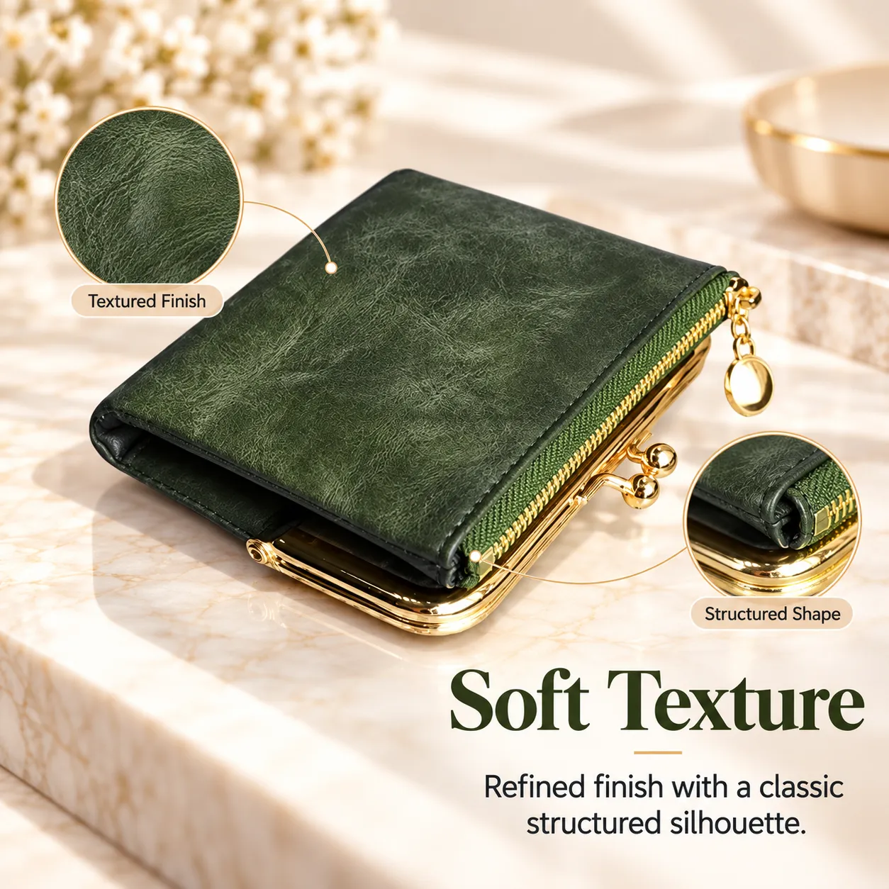 Close-up of textured green wallet exterior, stitching, zipper, and gold-tone frame