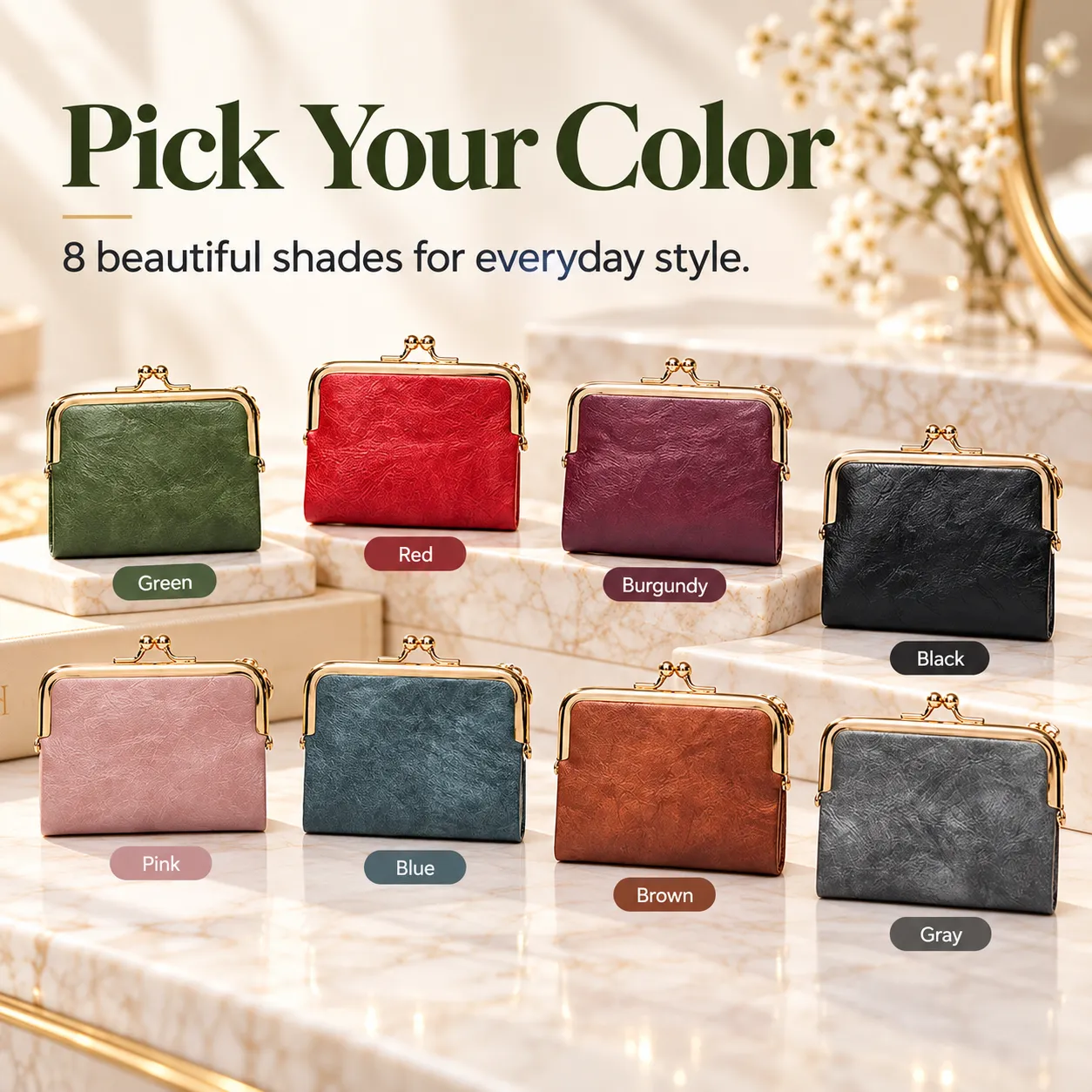 Eight compact kiss-lock wallets in green, red, burgundy, black, pink, blue, brown, and gray