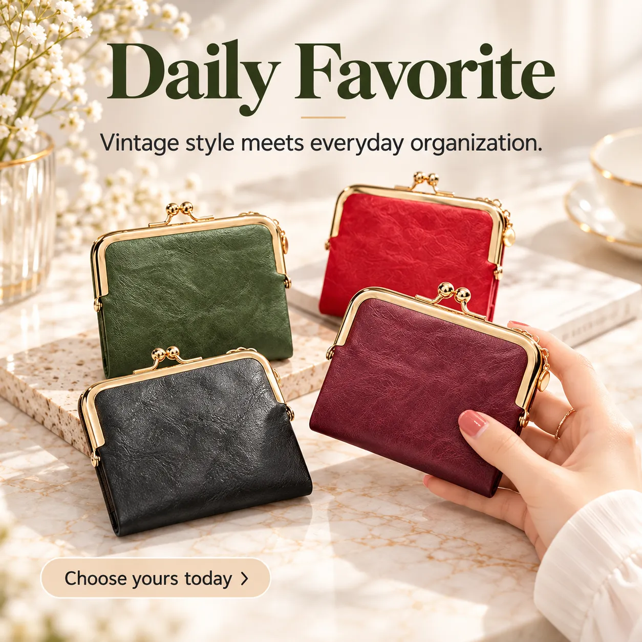 Elegant collection of green, black, red, and burgundy vintage clasp wallets in an everyday lifestyle setting
