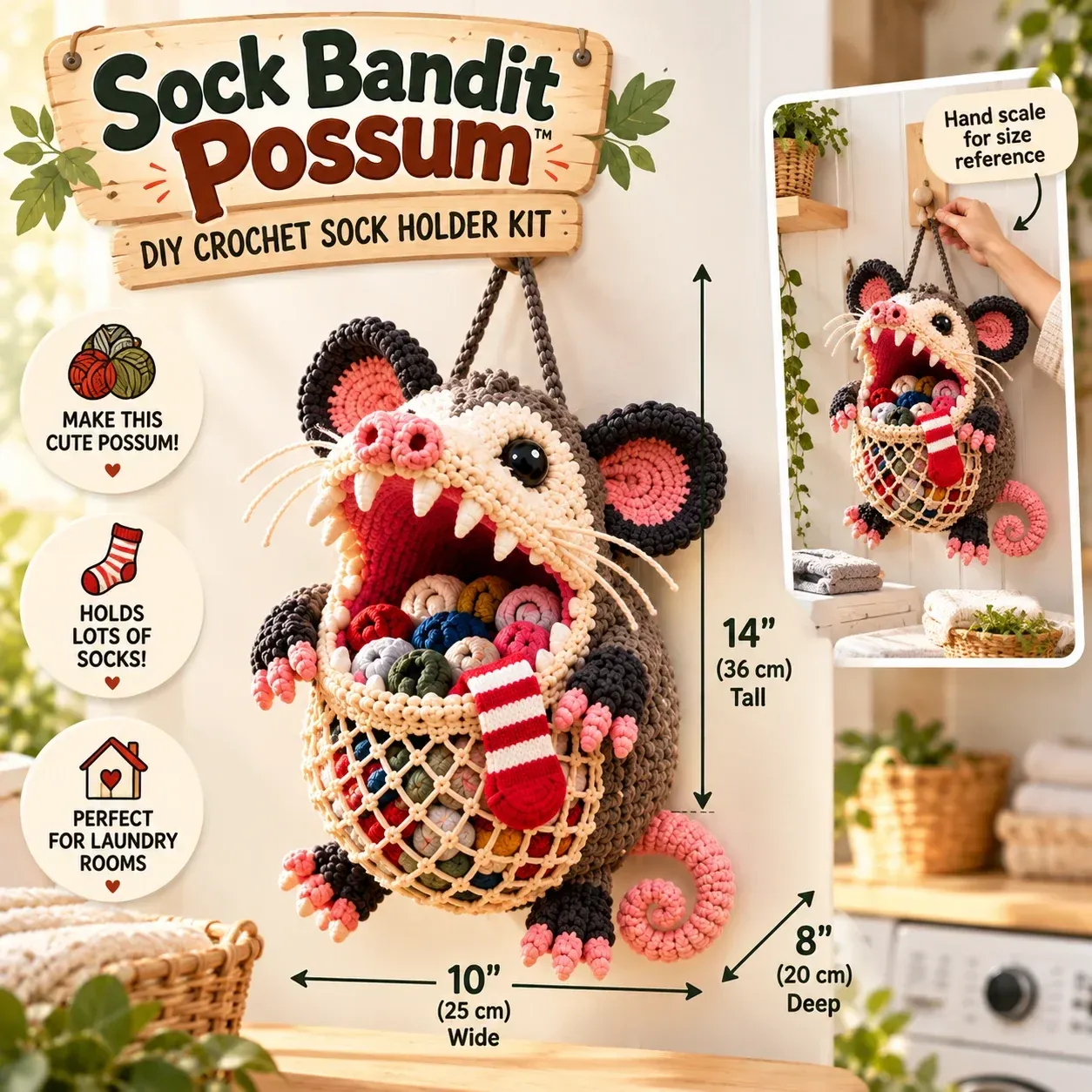 Crochet animal sock organizer with an oversized mouth and hanging storage pouch