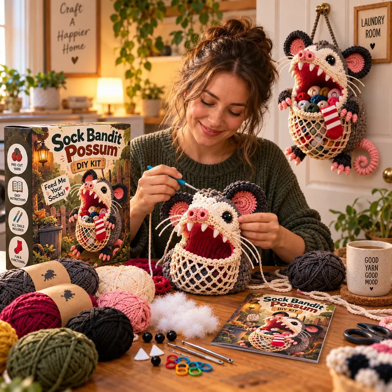 Funny crocheted animal sock holders featuring big open mouths