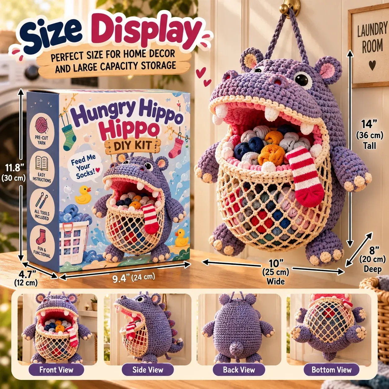 Illustrated dimensions and features of the crochet animal sock holder