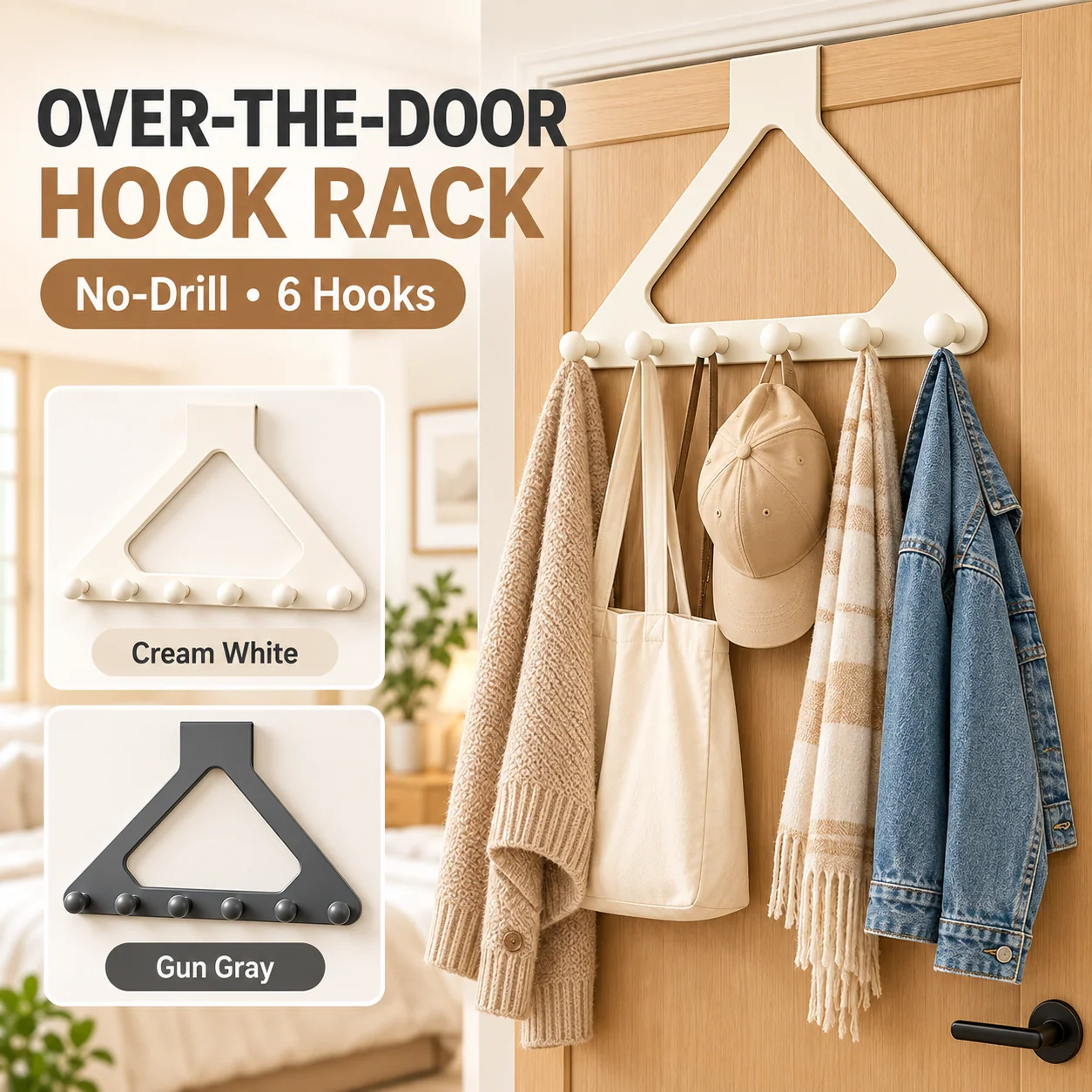 Over-the-door hook rack with six hooks
