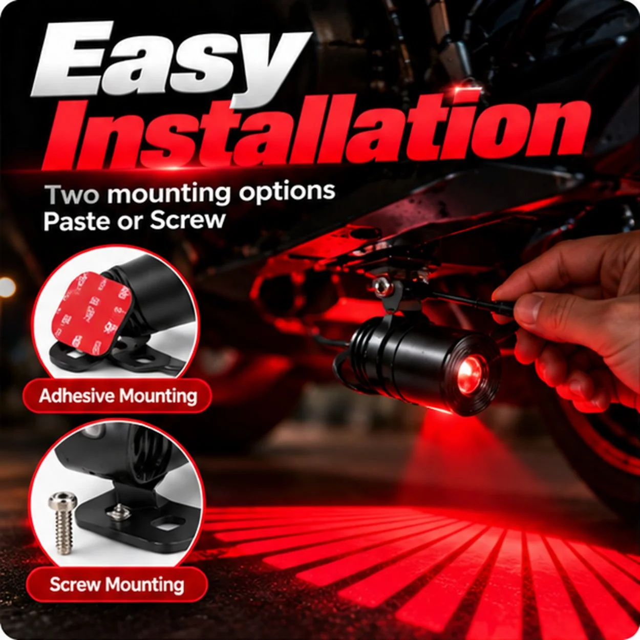 Two motorcycle projector mounting options: adhesive backing and screw mounting