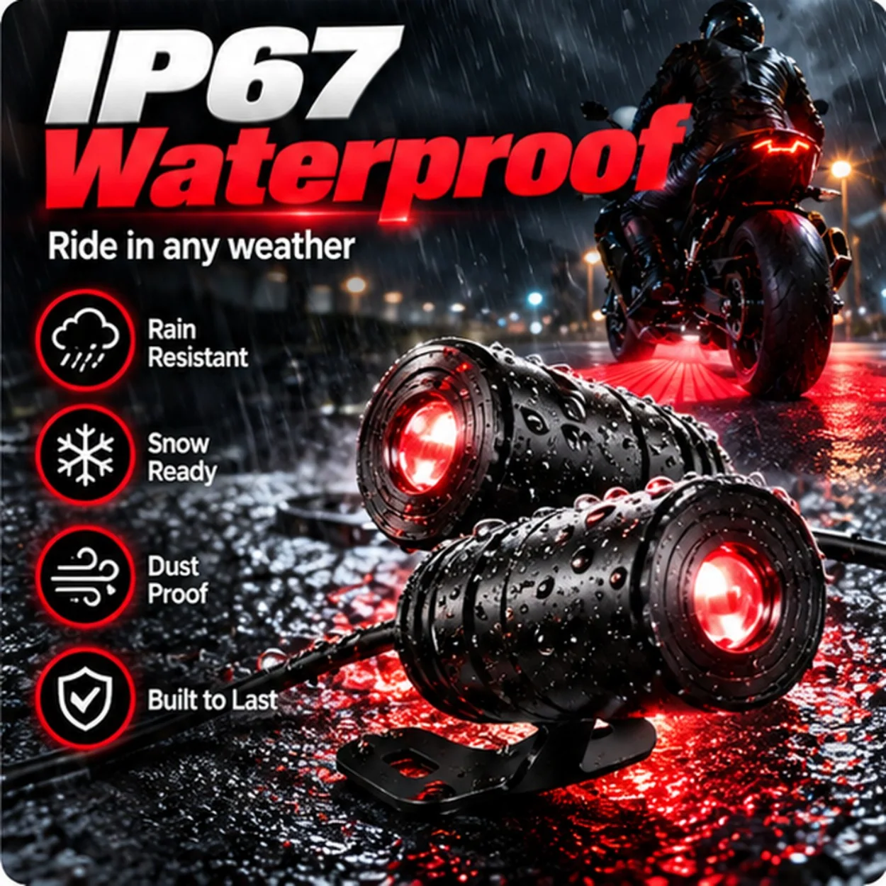 IP67-rated motorcycle projector light housing shown in wet conditions