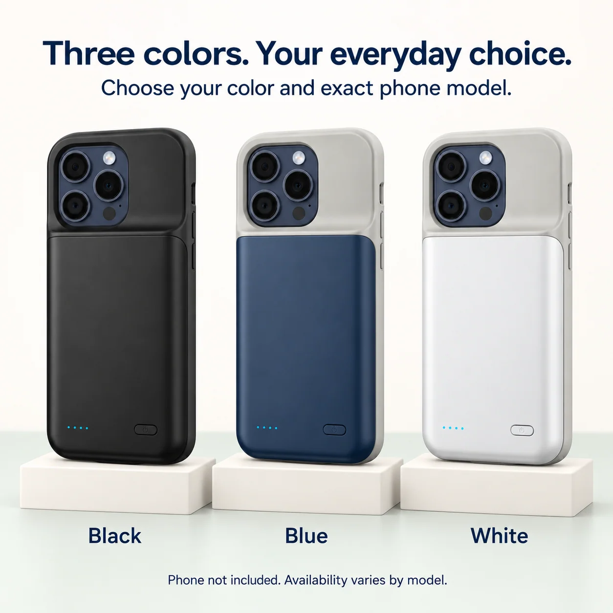 Black, Blue and White iPhone battery cases shown together.