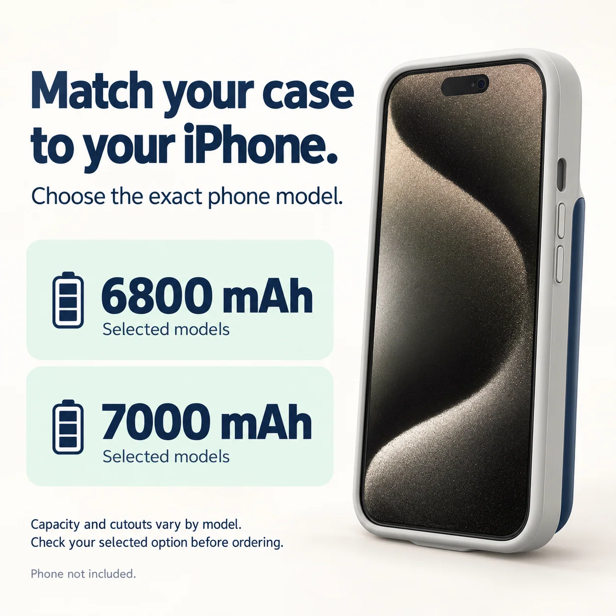 6800 mAh and 7000 mAh battery case options; choose your exact iPhone model.