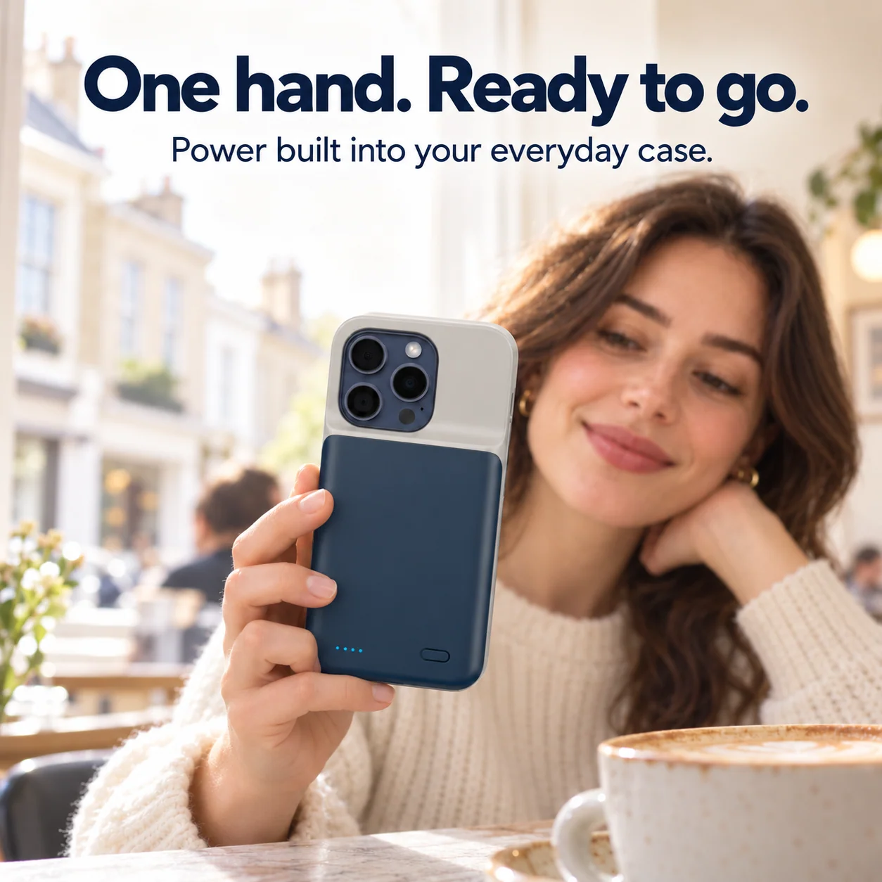 One-handed use of the blue iPhone battery case at a cafe.