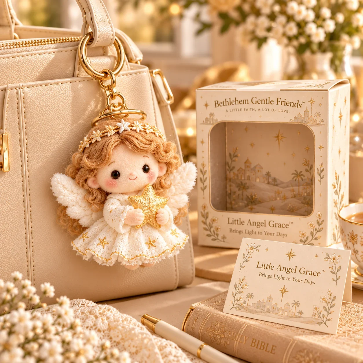 Little Angel Grace attached to the handle of a cream handbag