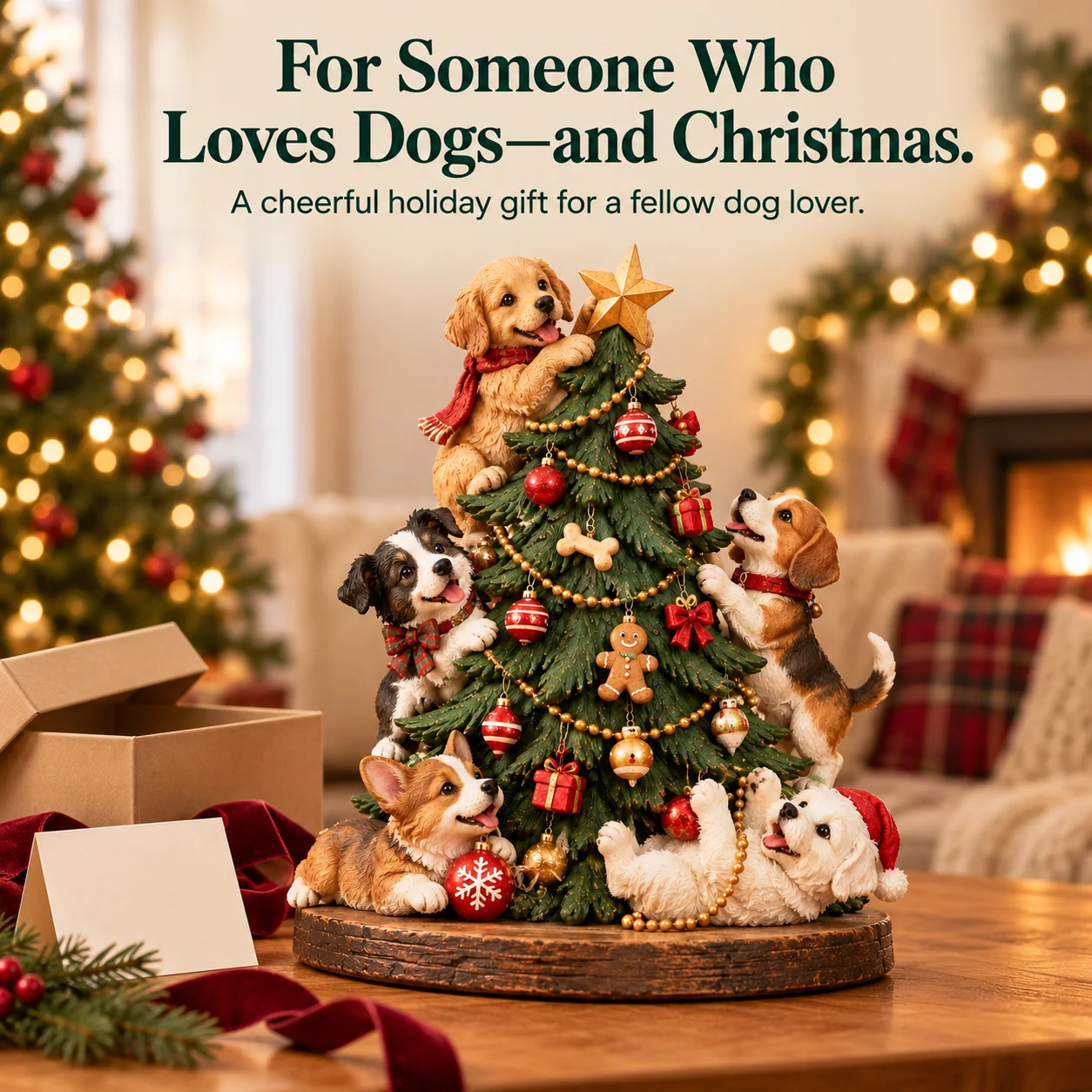 Five playful puppy figurines gathered around a decorated Christmas tree
