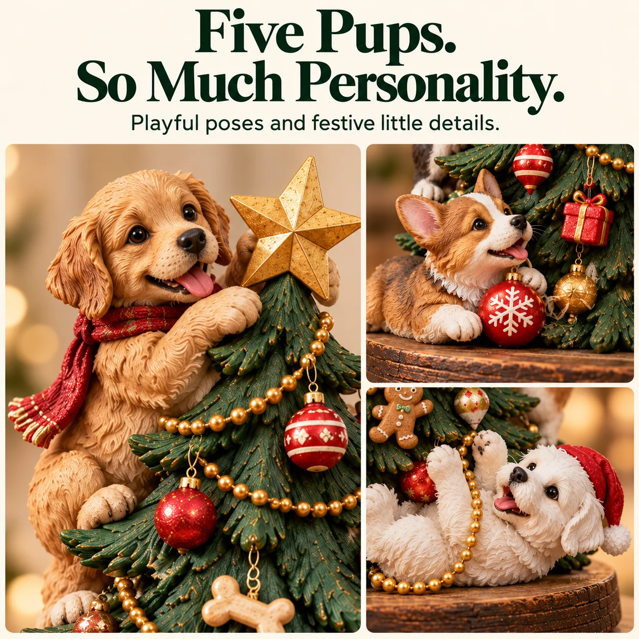 Close-up details of the golden puppy, corgi and white puppy in a Santa hat