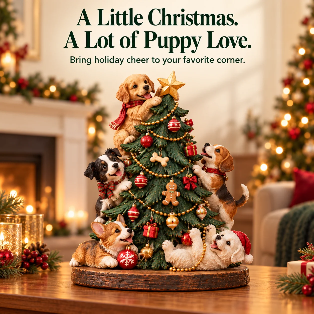 Christmas Puppy Party figurine displayed in a warm Christmas living room