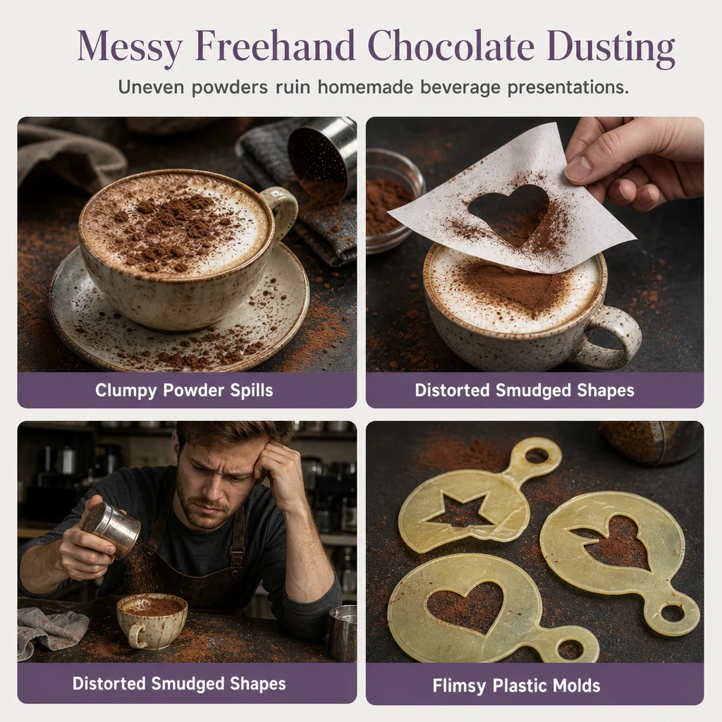 Messy freehand chocolate dusting vs clean stencil coffee art