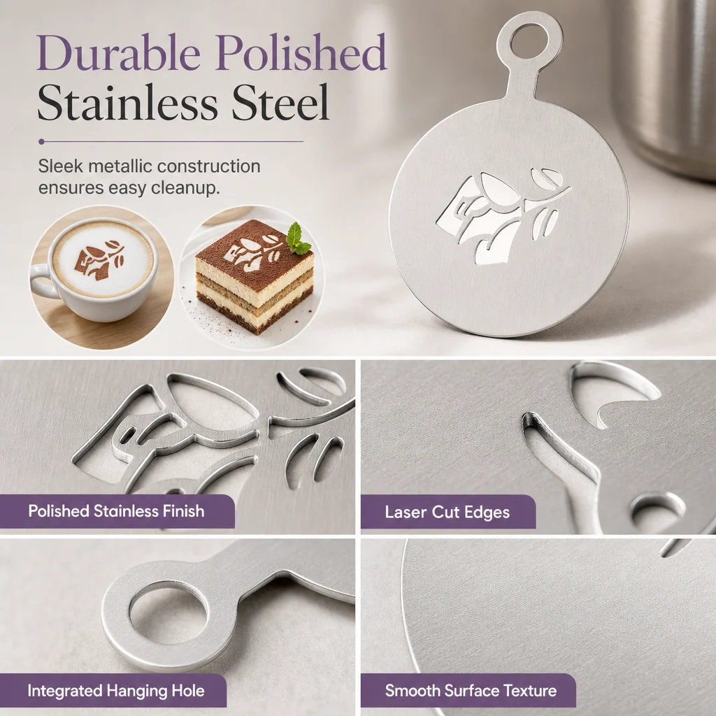 Durable polished stainless steel coffee stencil resisting bending