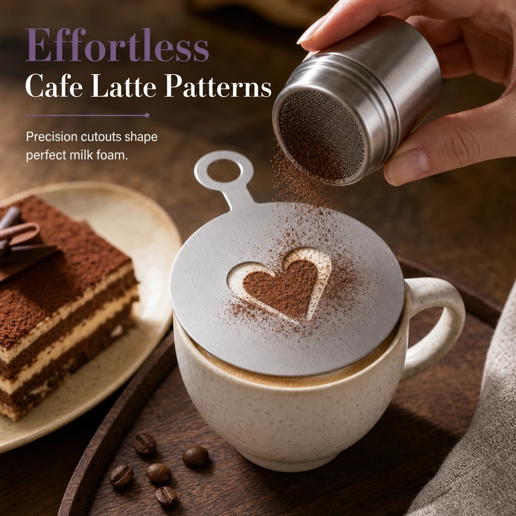 Dusting cocoa powder over smooth stainless steel latte art plate