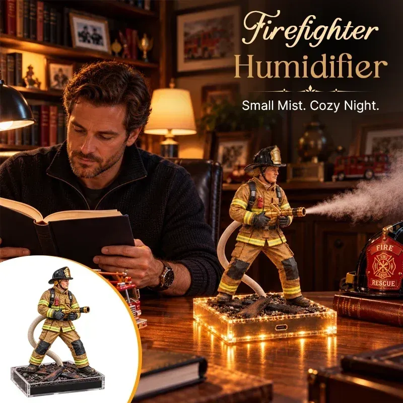 Firefighter humidifier with mist spraying from the fire hose and warm illuminated base