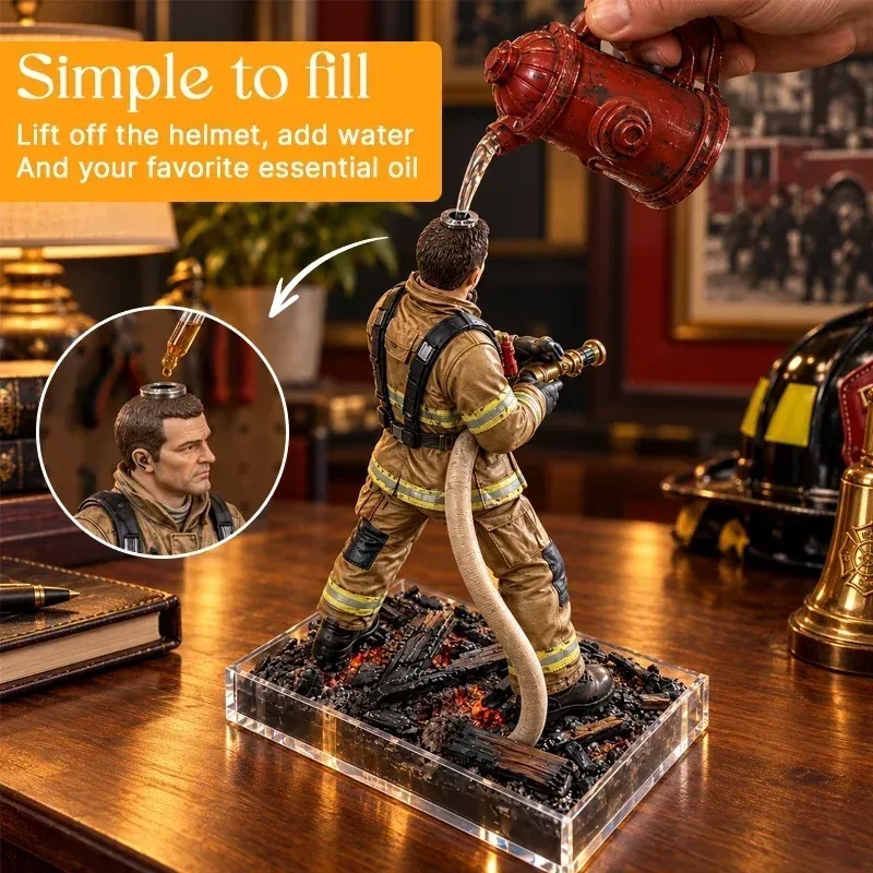 Firefighter figure holding a hose in a miniature rescue scene
