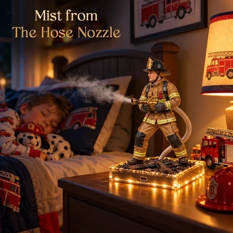 Humidifier releasing visible mist from a miniature firefighter hose nozzle