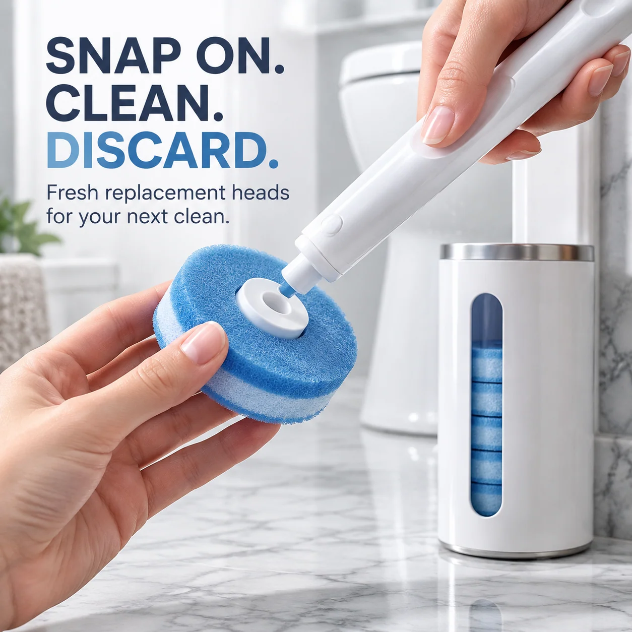 Original product demonstration showing the removable blue sponge head being detached from the white toilet brush handle