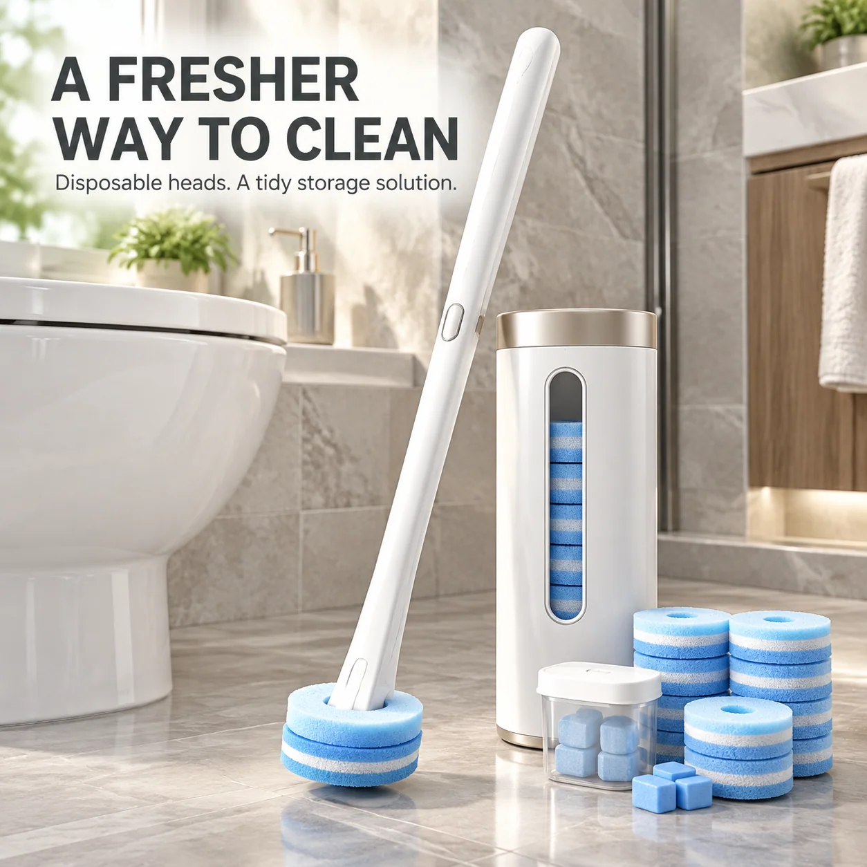 Original Bvuyomi disposable toilet brush product image showing the white handle, blue replacement heads, storage holder and accessories
