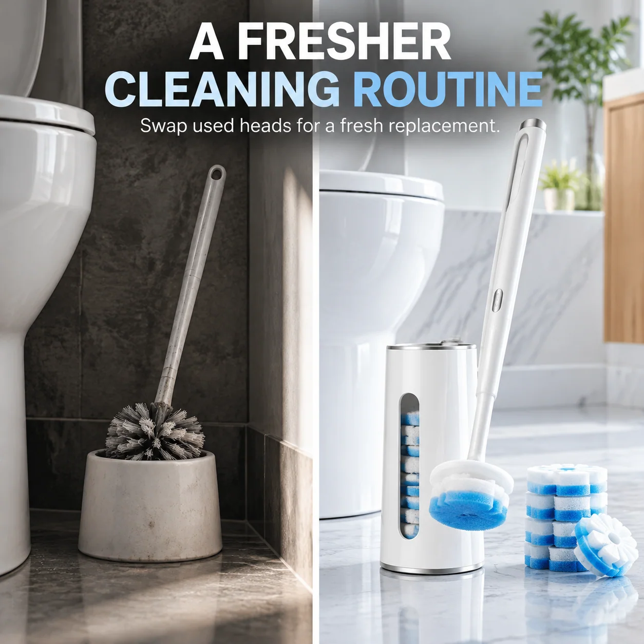 Original product comparison image showing a traditional toilet brush alongside the Bvuyomi replaceable-head brush system