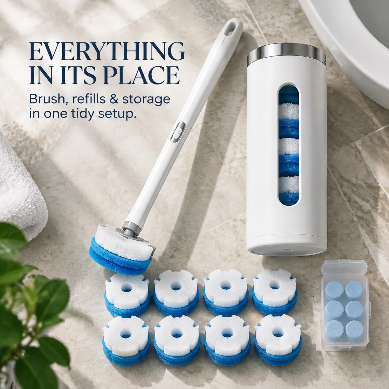 Original Bvuyomi product image showing the toilet brush, storage dispenser, replacement heads and accessory case